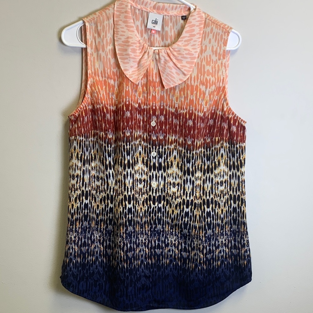 CAbi Orange and Blue Patterned Sleeveless Blouse